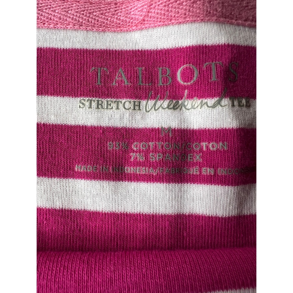 Talbots Stretch Weekend Tee Women's Medium Pink White‎ Stripe Pocket Boat Neck - Picture 4 of 7